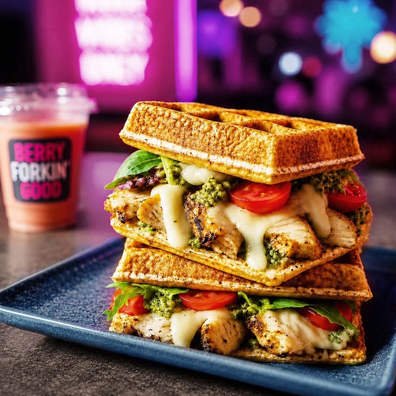 Stacked grilled chicken waffle sandwiches with melted cheese, pesto, tomatoes, and basil, beside a smoothie.