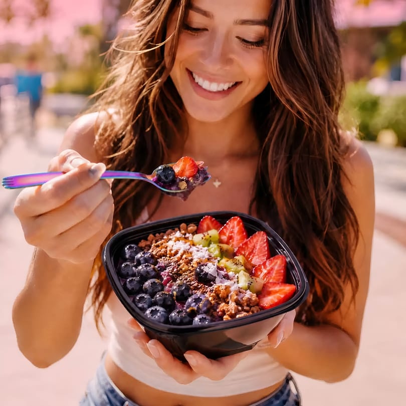 Smiling woman enjoying a colorful fruit bowl with blueberries, strawberries, kiwi, and granola outdoors.