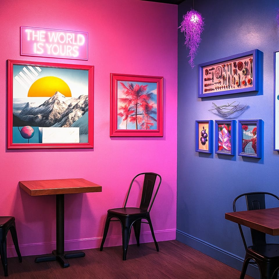 A vibrant cafe interior with pink and blue walls, eclectic framed art, and small tables with black chairs.