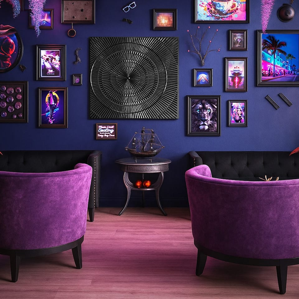 A vibrant lounge area with purple chairs, black sofas, and a dark blue wall adorned with eclectic art.