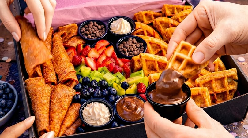 Hands dipping crepes and waffles into chocolate and whipped cream from a dessert platter.