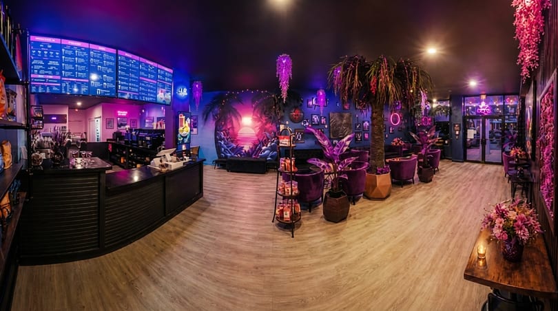 Vibrant cafe interior with purple lighting, a tropical mural, plush seating, and a long menu board.