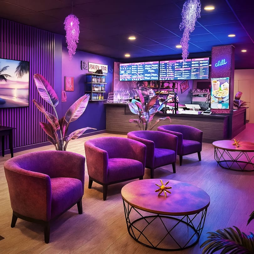 Vibrant purple-lit lounge area with plush chairs, modern tables, and a glowing menu counter.
