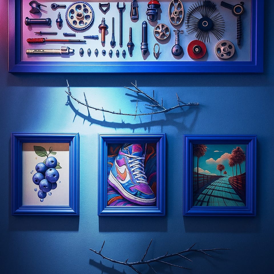 Blue wall with framed art: mechanical parts, blueberries, a sneaker, and a road with palm trees.