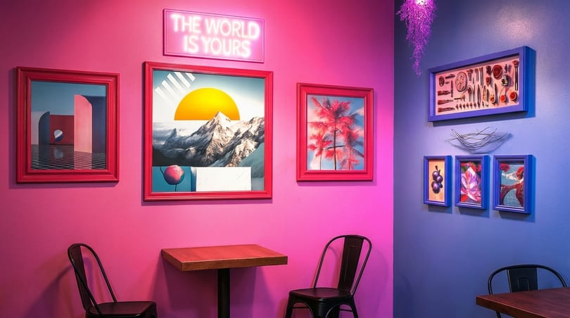 A vibrant restaurant interior with pink and blue walls, eclectic artwork, and simple tables and chairs.