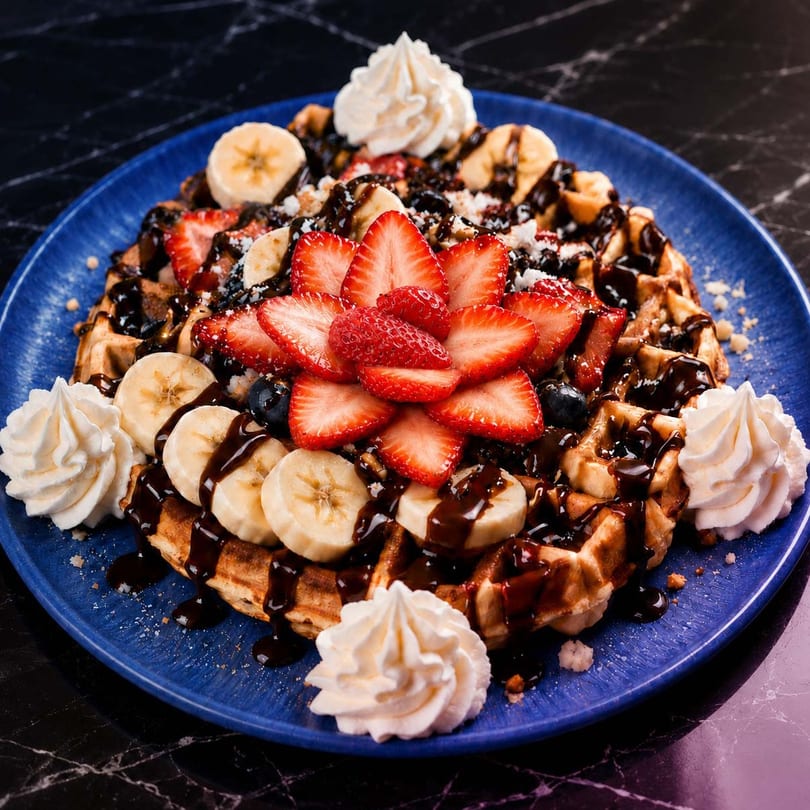 Waffle with sliced strawberries, bananas, chocolate syrup, and whipped cream on a blue plate.