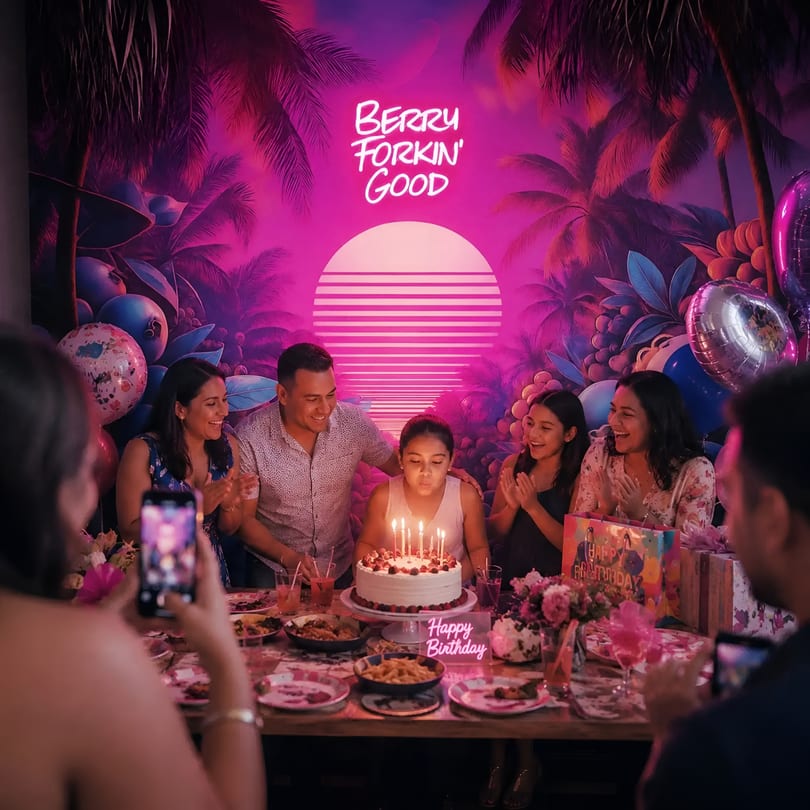 A girl blows out birthday candles at a lively restaurant with family and a "BERRY FORKIN' GOOD" neon sign.