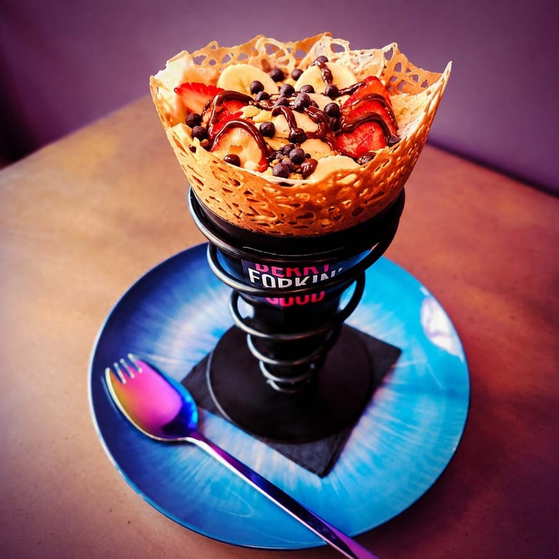 Crispy crepe bowl dessert with strawberries, bananas, chocolate, and sauce, served with a colorful spoon.
