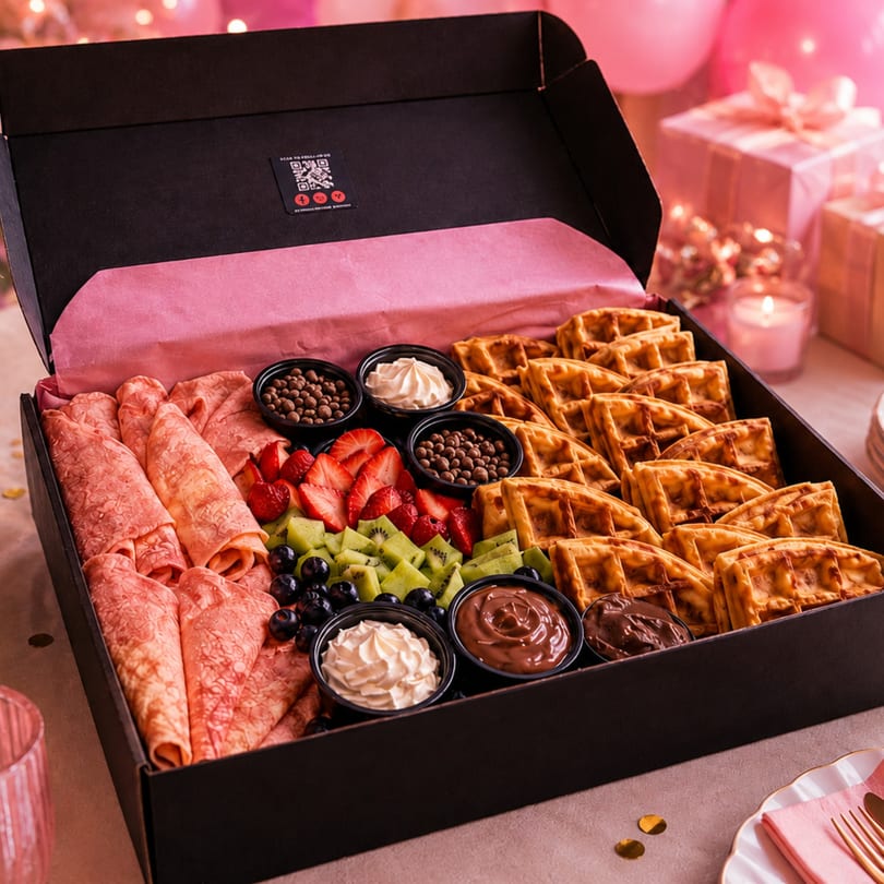 Open black box filled with waffles, crepes, fruit, and various dessert toppings, with pink decor.