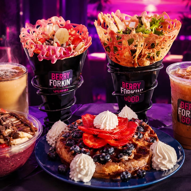 A waffle with berries and whipped cream, a smoothie bowl, and two Berry Forkin' Good cups.
