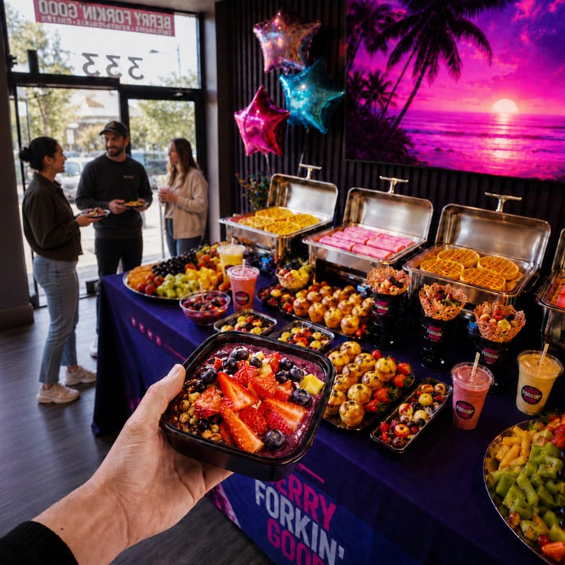 A hand holds an acai bowl with berries and granola, overlooking a buffet of fruit, waffles, and muffins.