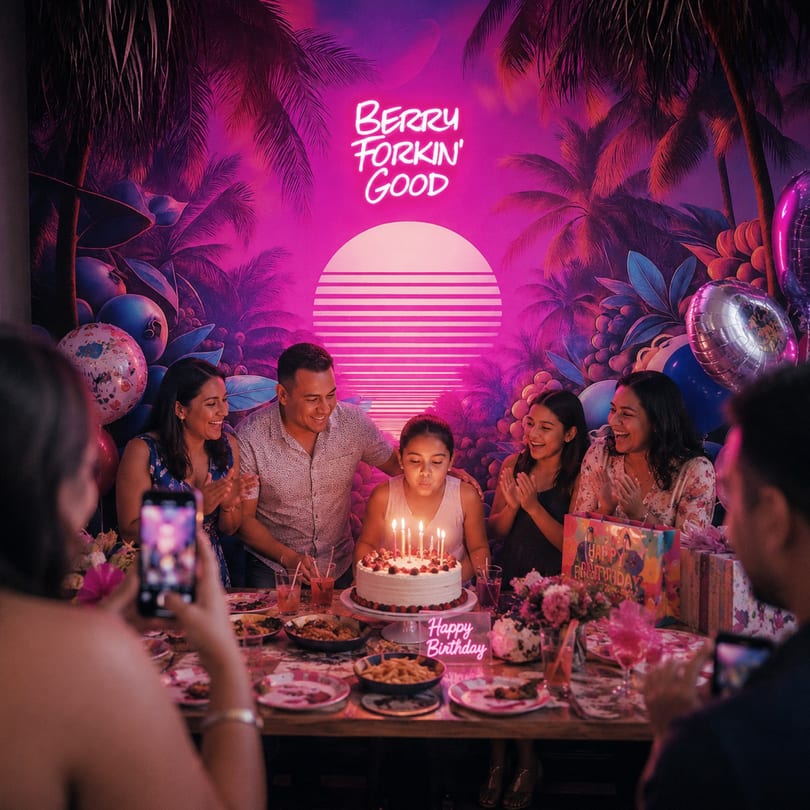 A girl blows out birthday candles on a cake, surrounded by family and a neon "Berry Forkin' Good" sign.